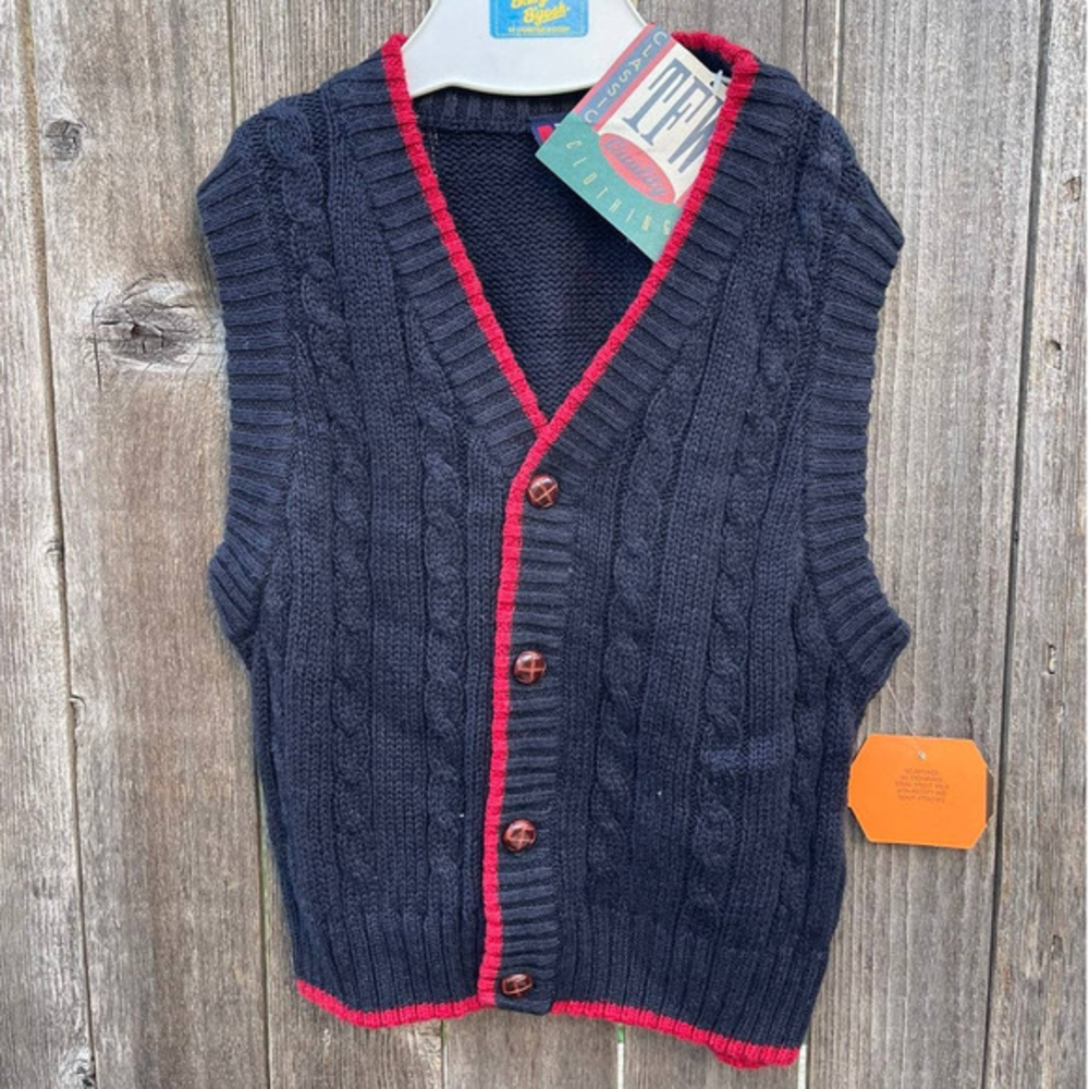Vintage TFW Sweater‎ Vest Kids Size 4 XS Cable Knit Sleeveless Navy Blue And Red